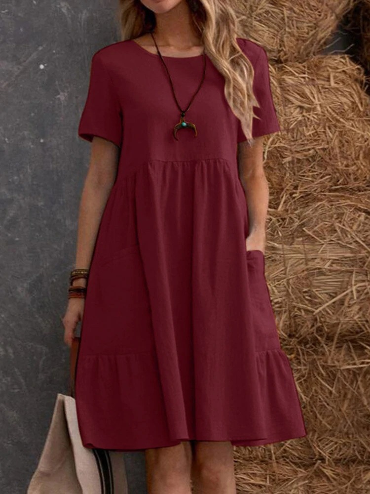 Women's Vintage Loose Solid Crewneck Cotton Dress with Pockets