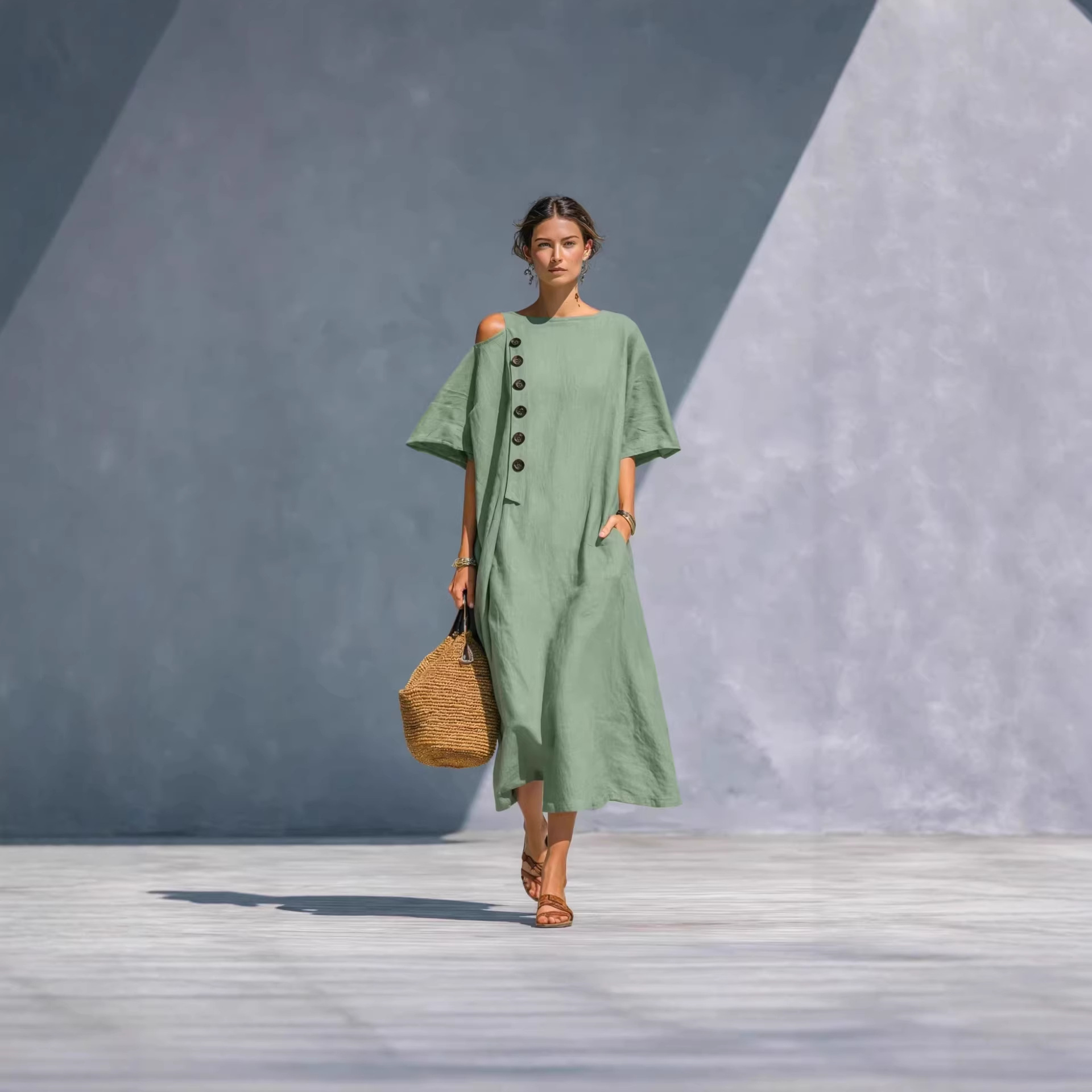 Women's Summer Loose Fit Midi Dress with One-Shoulder Button Detail