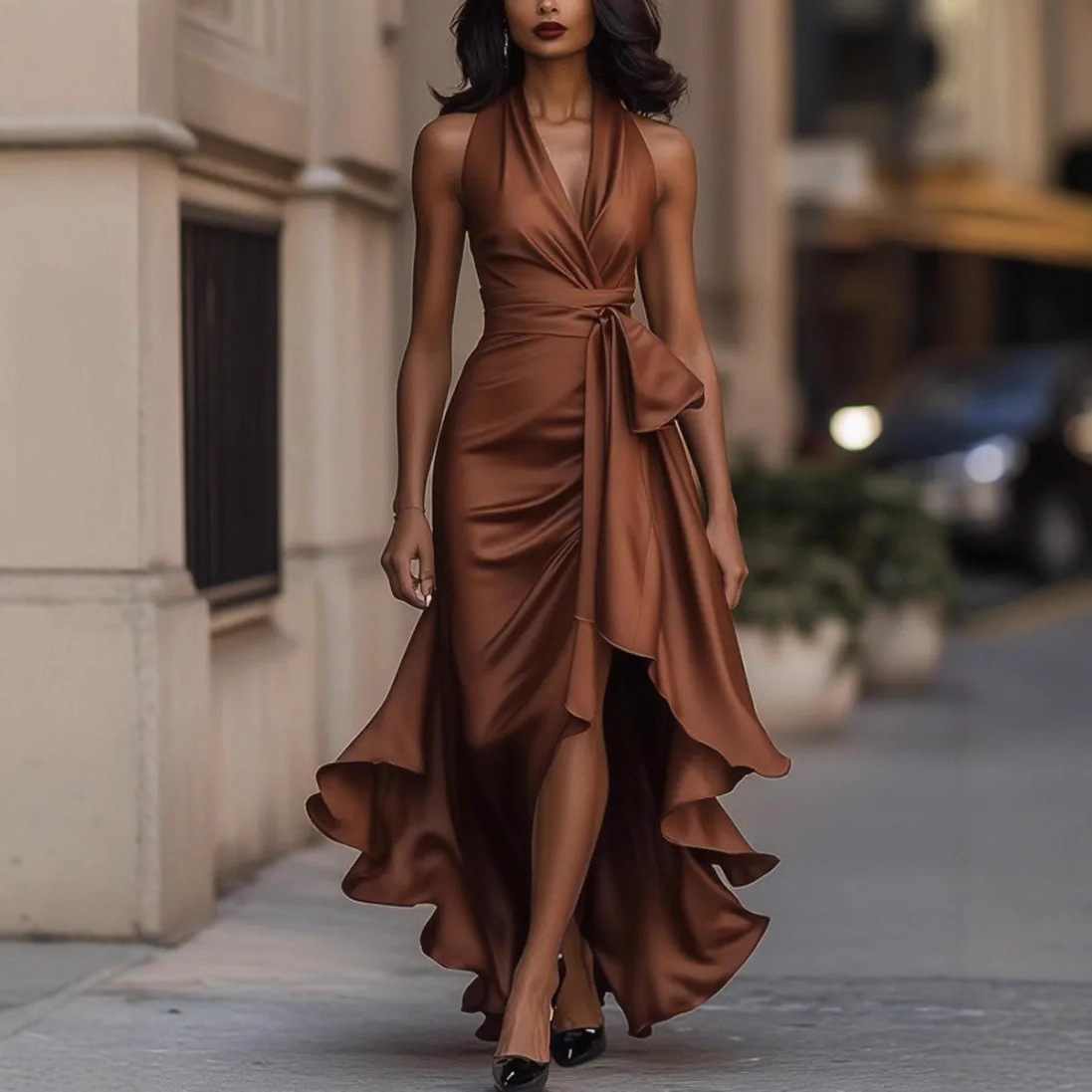 Elegant V-Neck Ruffle Sleeveless Midi Dress