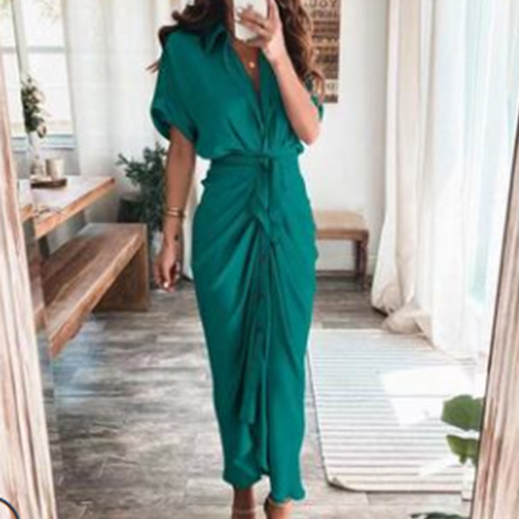 Elegant Short Sleeve Solid Knot High Waist A-Line Long Dress