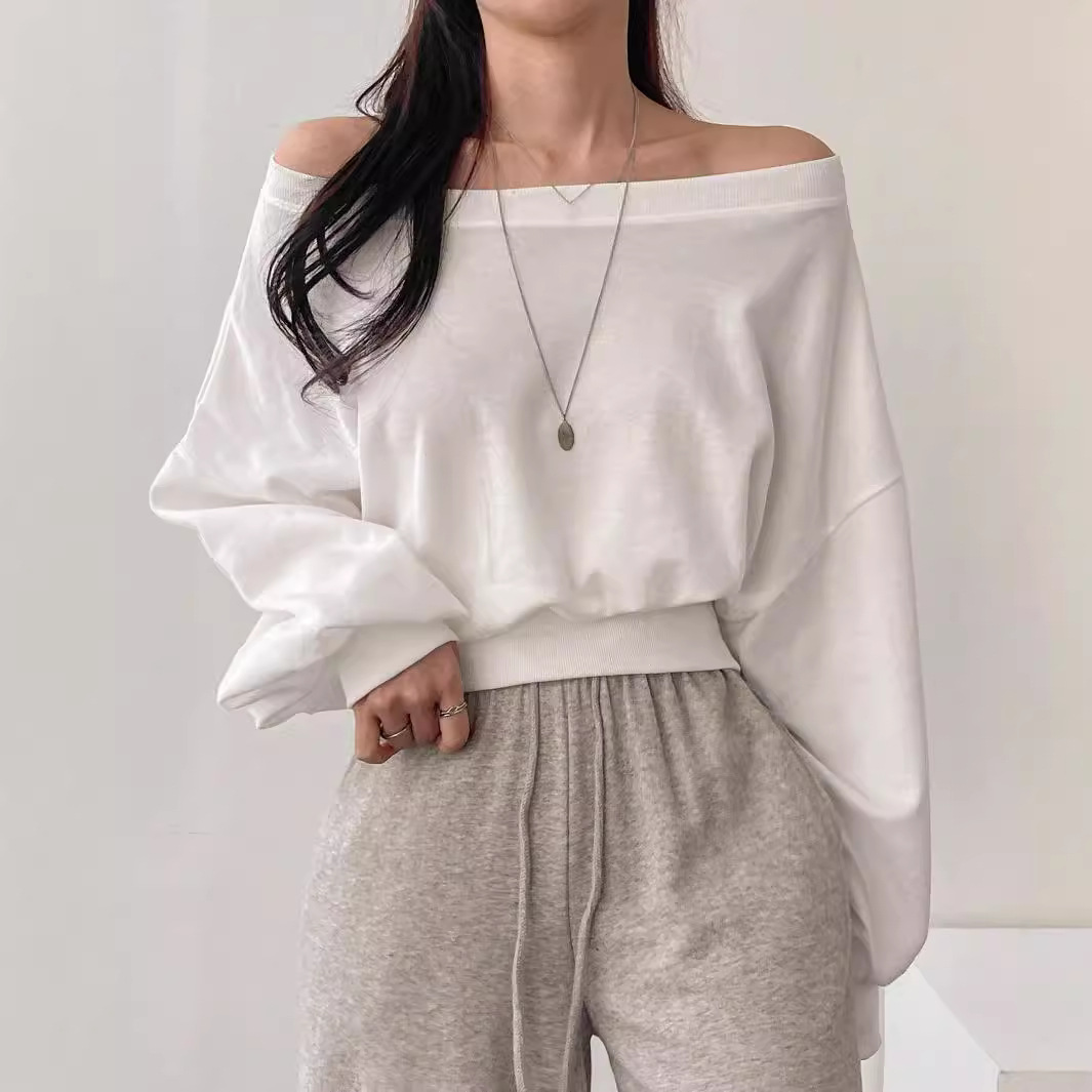 One-Shoulder Long-Sleeve Sweatshirt Loose Solid Color