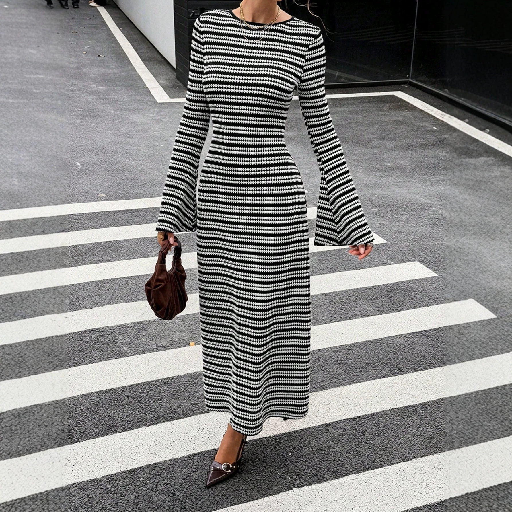 Striped Open-Back Flared Long-Sleeve Knit Dress