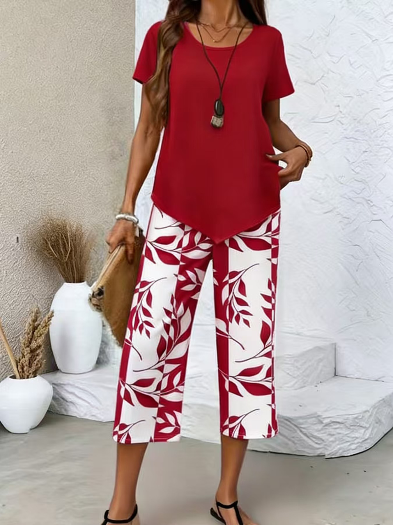 Women's Short Sleeve High Waist Wide Leg Pants Two-Piece Set