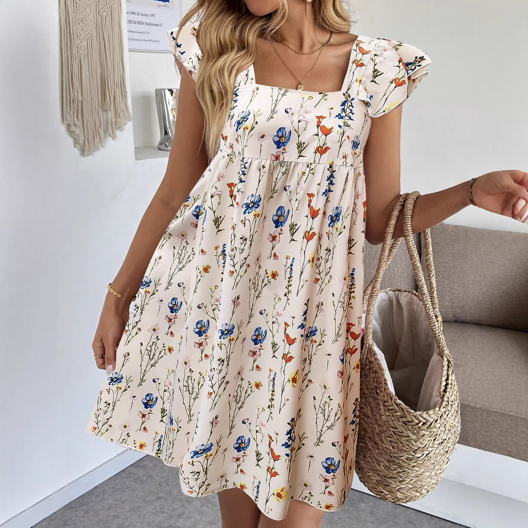 Boho Floral Square-Neck Dress with Flutter Sleeves