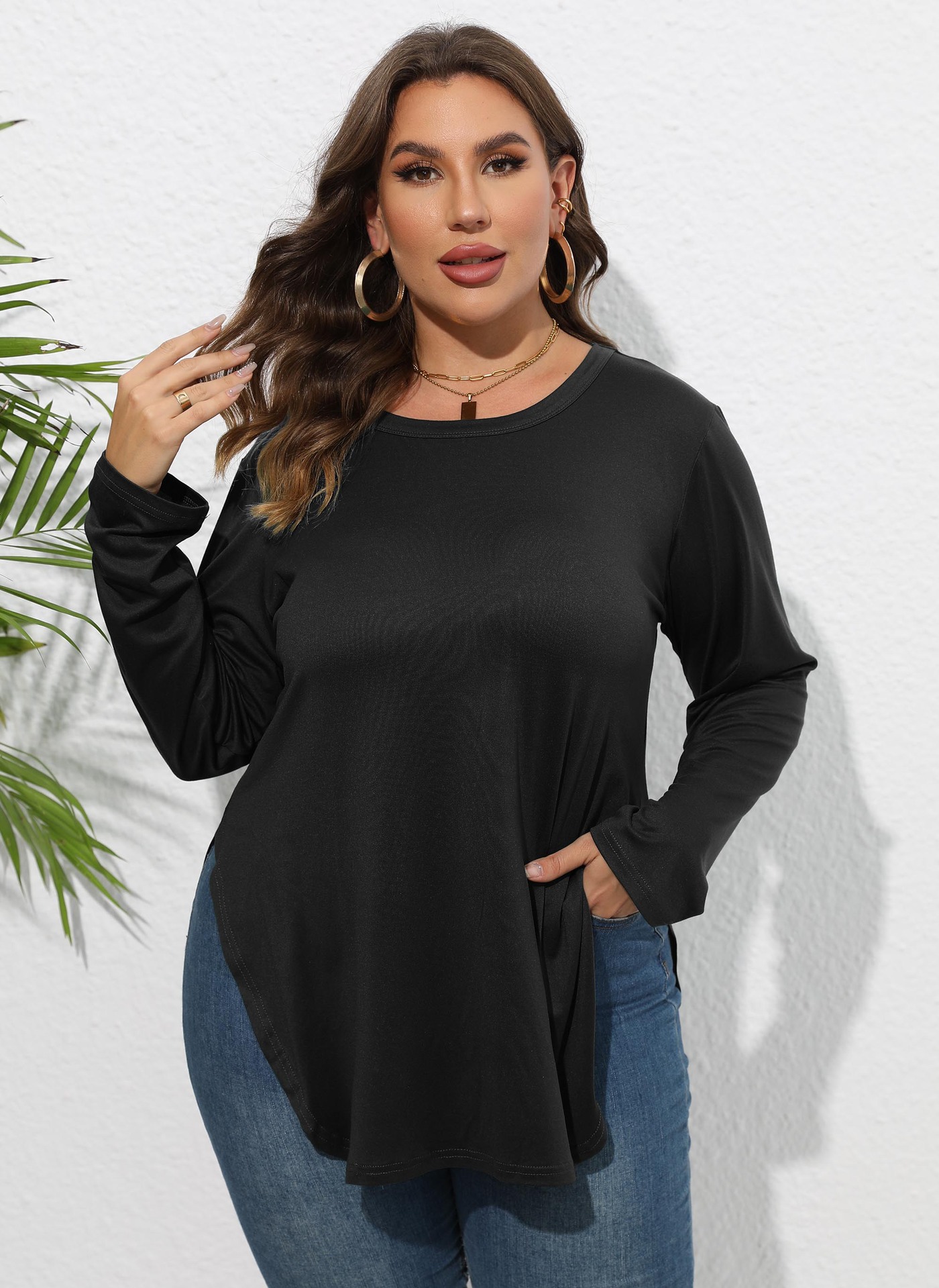 Women's Long Sleeve Solid Color Irregular Hem T-Shirt Top