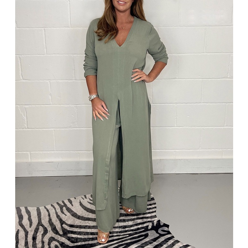 Solid Color Split Long Sleeve Top and Pants Set