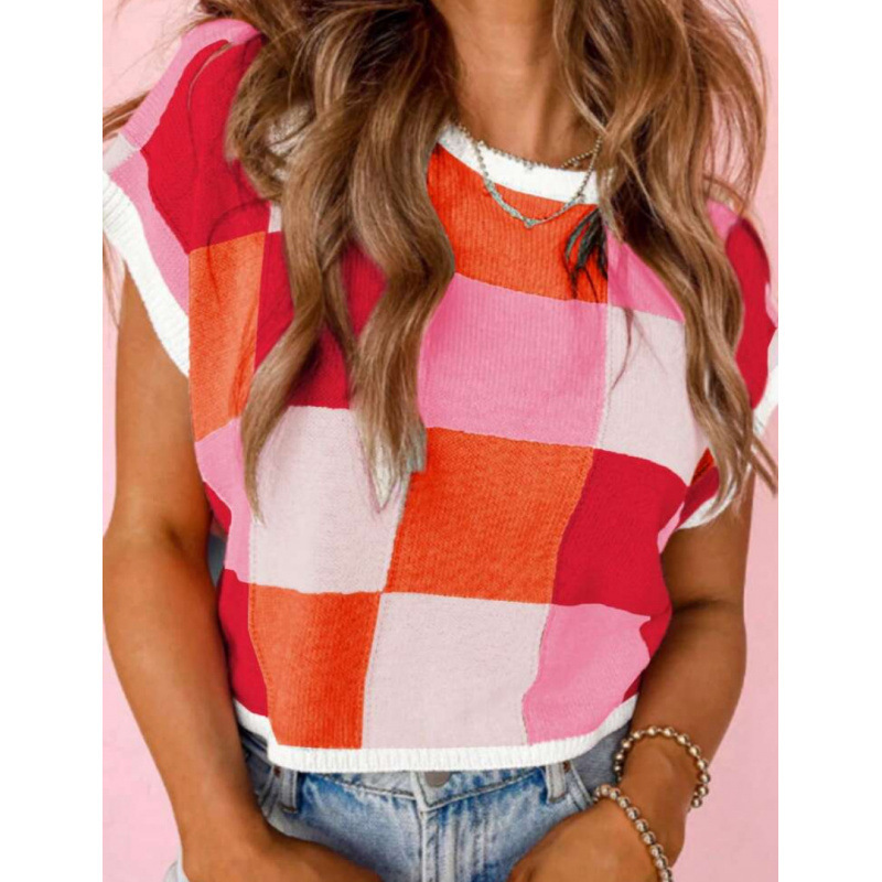 Color Block Checkered Cropped Knit Top