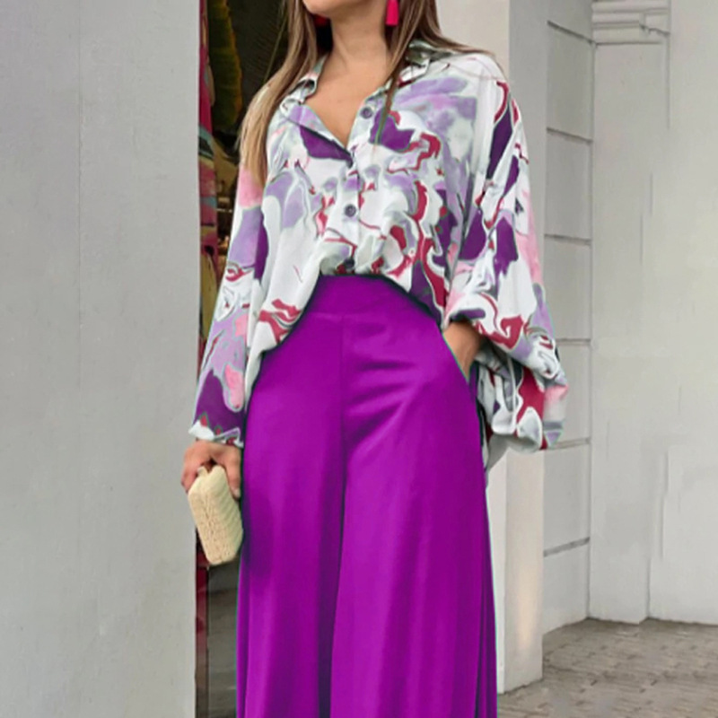 Women's Printed Shirt & Wide-Leg Pants Casual Set