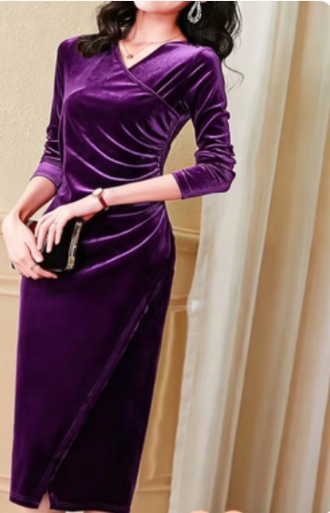 Pleated Velvet Long Sleeve V-Neck High Slit Evening Dress