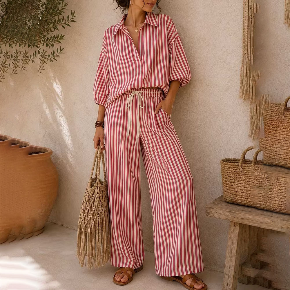 Striped Top & Solid Wide-Leg Pants Two-Piece Set