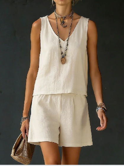 Women's Sleeveless Linen-Cotton Vest and Shorts Set Solid Color Two-Piece