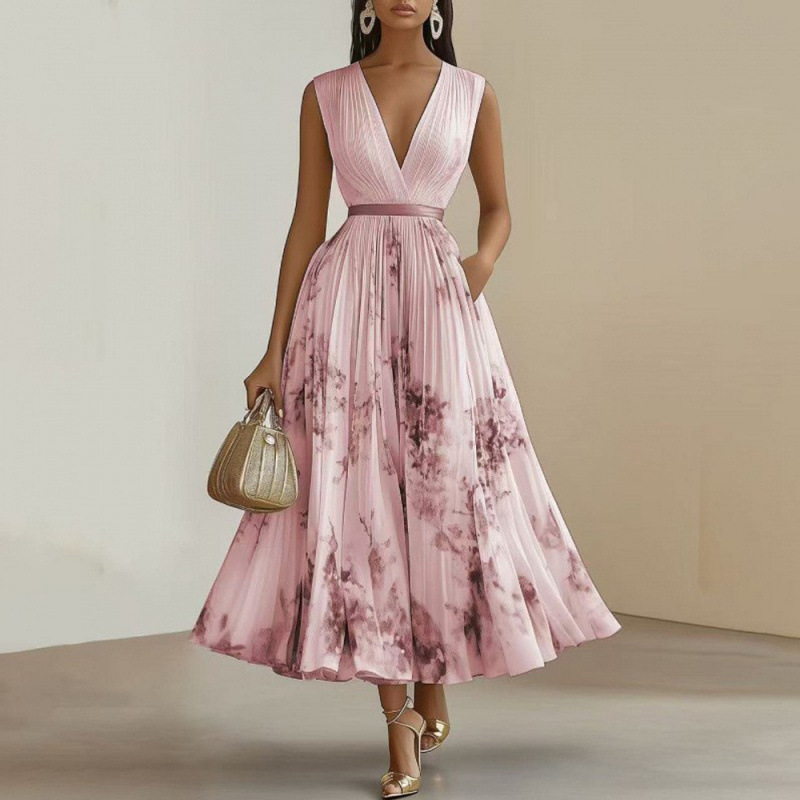 Women's Sleeveless Floral Print Maxi Dress with Oversized Pleated Skirt