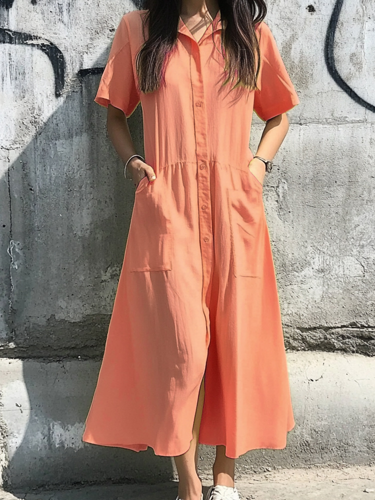Women's Button-Front Short-Sleeve Casual Dress with Pockets