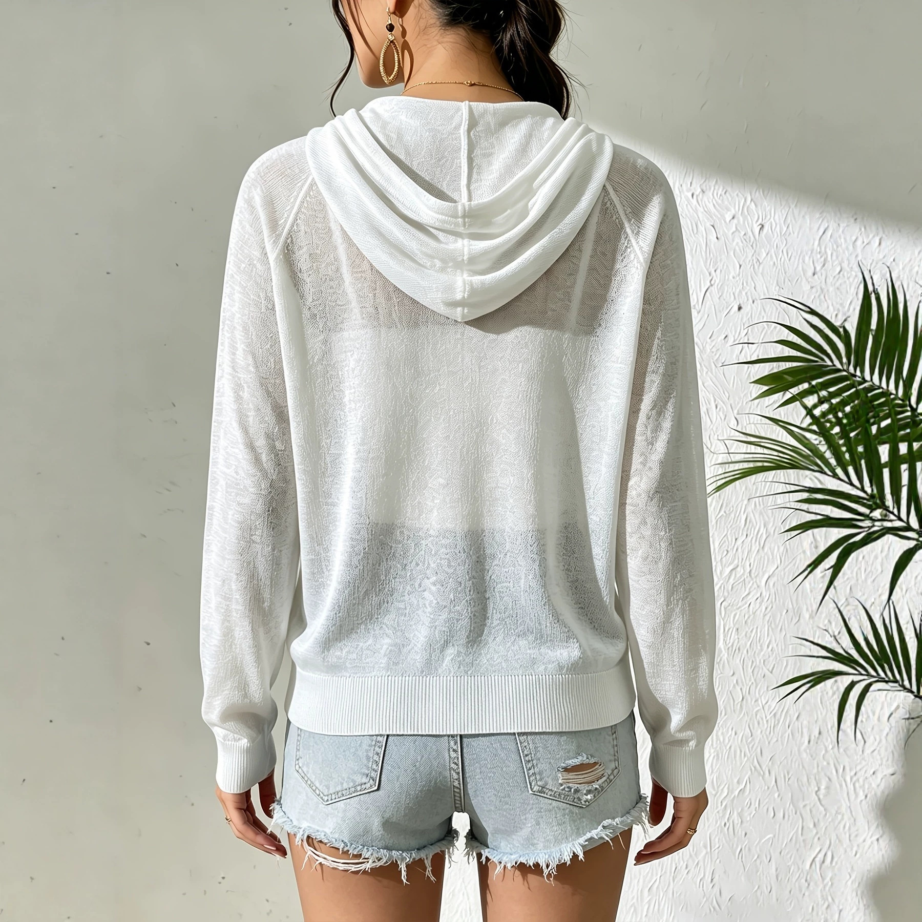 Hooded Knit Sun Protection Cardigan Lightweight Long Sleeve Loose Fit