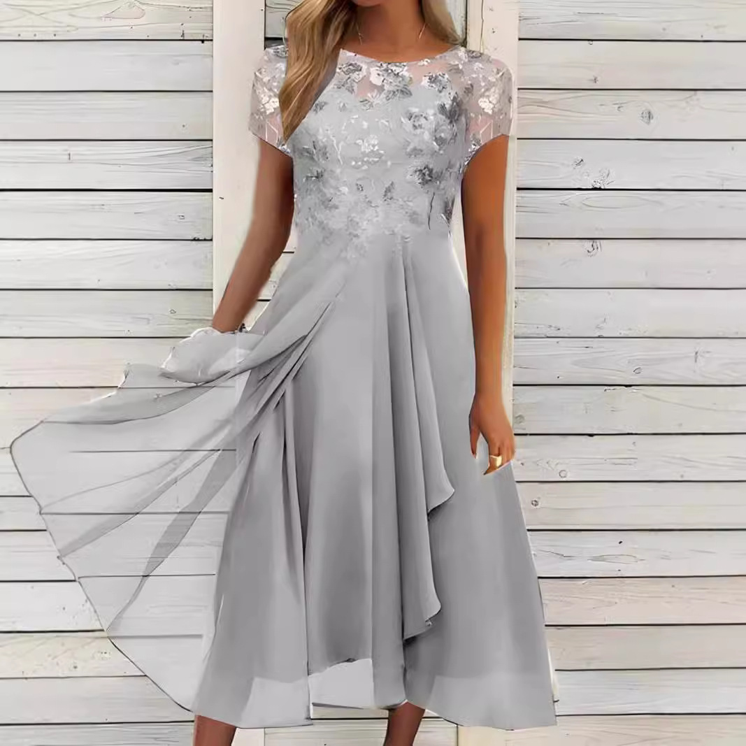 Chiffon Sequin Print Round Neck Maxi Dress