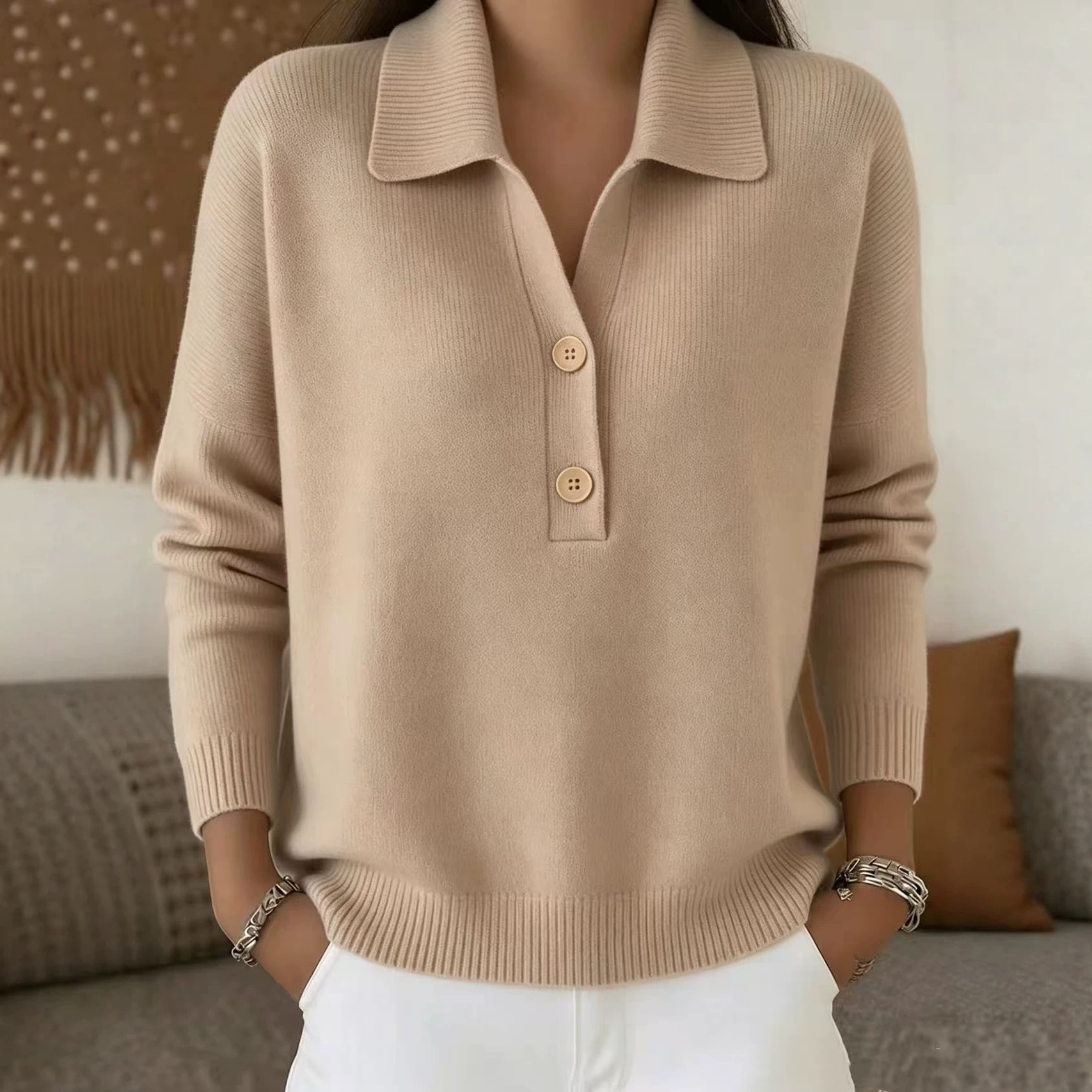 Women's Wool-Blend Button-Front Collared Knit Sweater