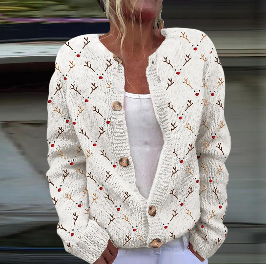 Women's Christmas Snowflake Reindeer Print Button Cardigan Sweater