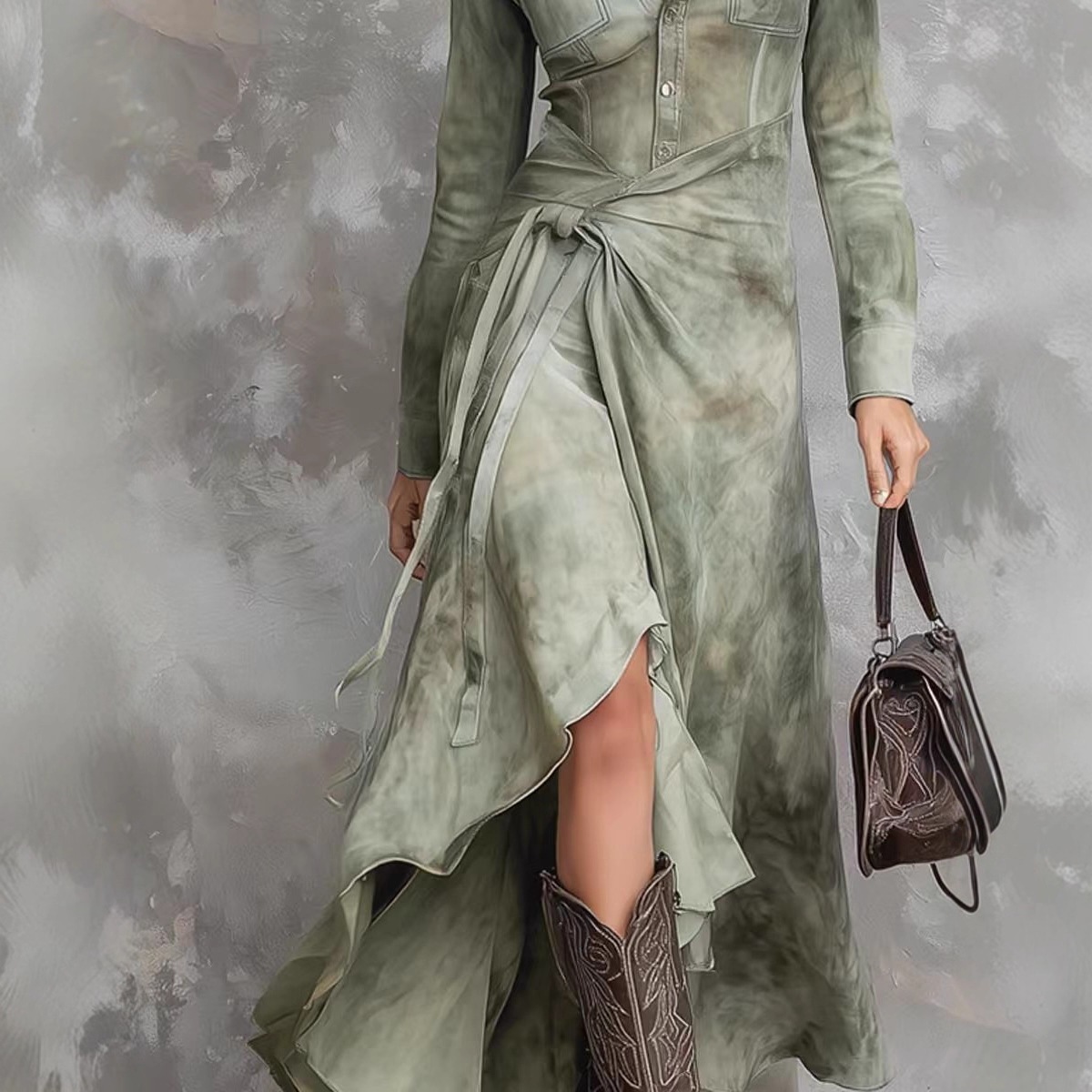 Printed Long-Sleeve Vintage-Style A-Line Maxi Dress with Tie Detail