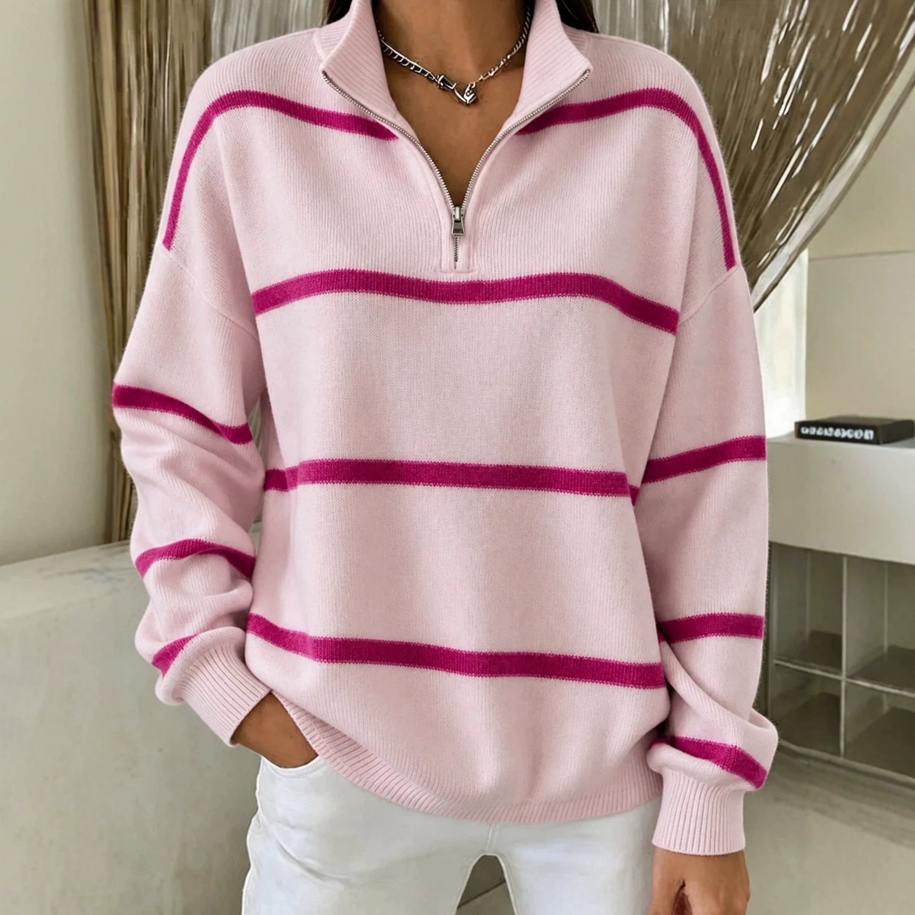 Striped Print Half-Zip Stand Collar Hoodie