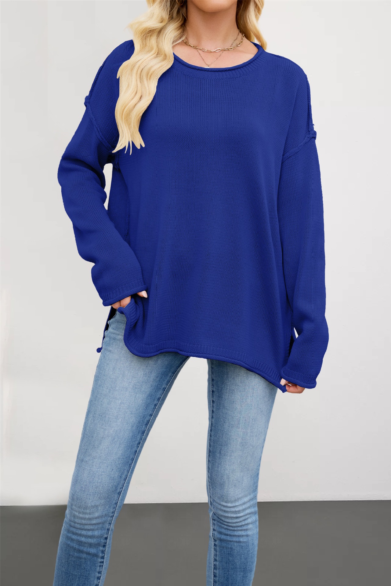 Women's Solid Crewneck Knit Pullover Sweater Loose Fit