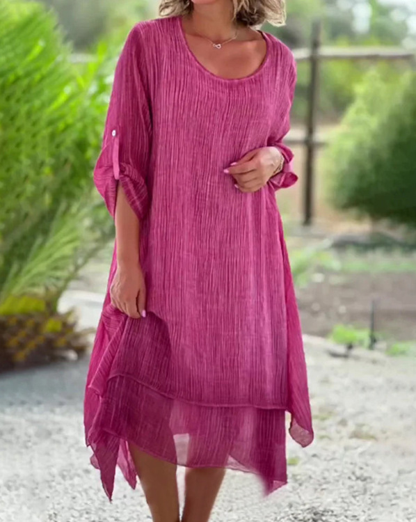 Women's Round Neck Asymmetrical Hem Solid Color Flowy Midi Dress