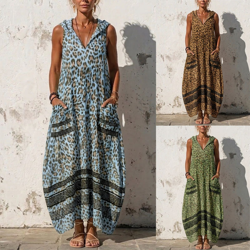 Women's Sleeveless Hooded Leopard Print Maxi Dress with Pockets