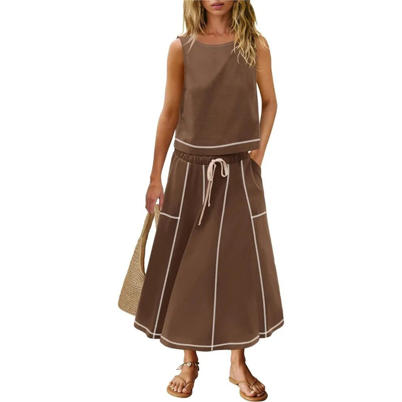Women's Sleeveless Tank Top and Midi Skirt Two-Piece Set Colorblock