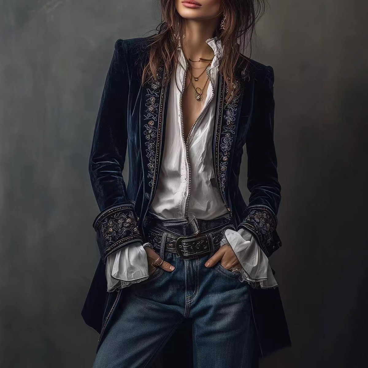 Women's Long Sleeve Solid Color Lace Trim Velvet Jacket