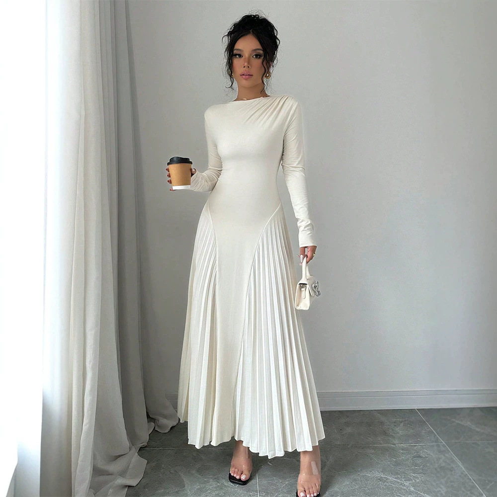 Long Sleeve Knit Pleated Maxi Dress Slimming Waist-Fitted Elegant