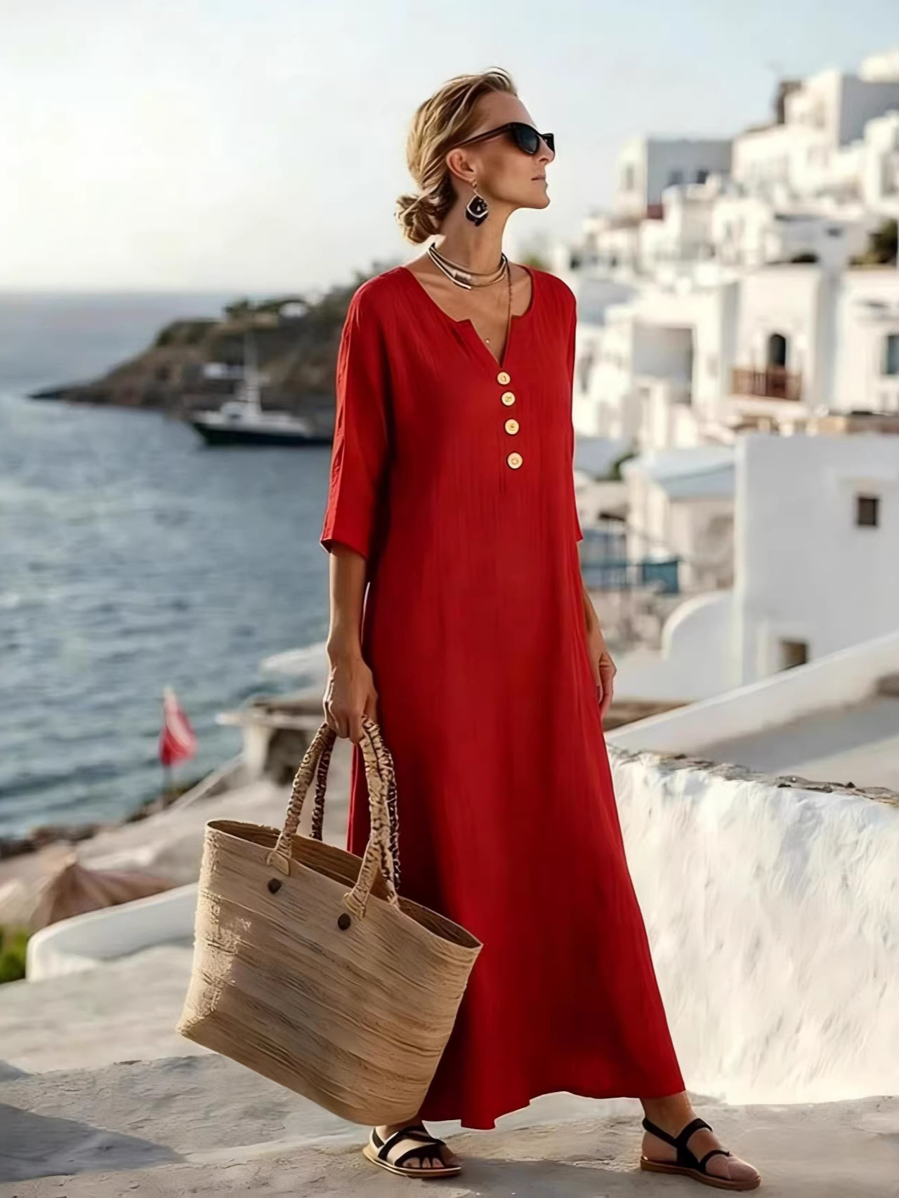 Relaxed V-Neck Long Dress Loose Elegant Casual Vacation
