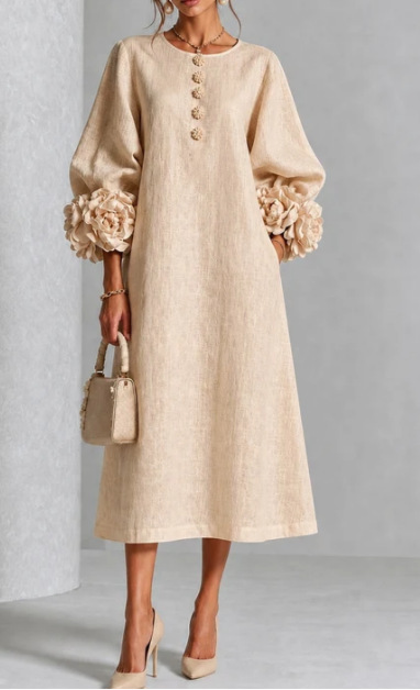 French 3D Floral Lantern Sleeve Midi Dress