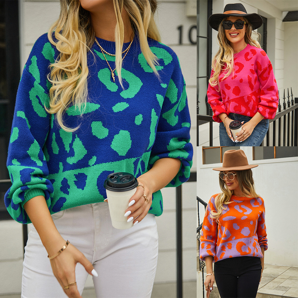 Leopard Print Color Block Crewneck Pullover Sweater