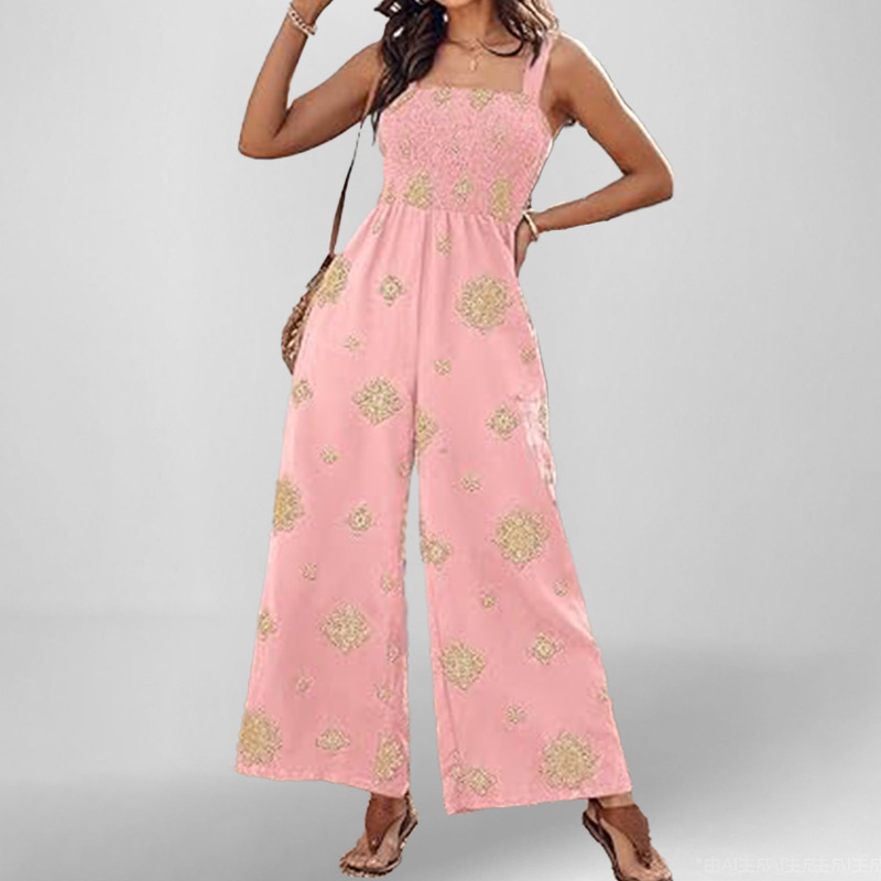 Women's Sleeveless Smocked Pocket Printed Jumpsuit