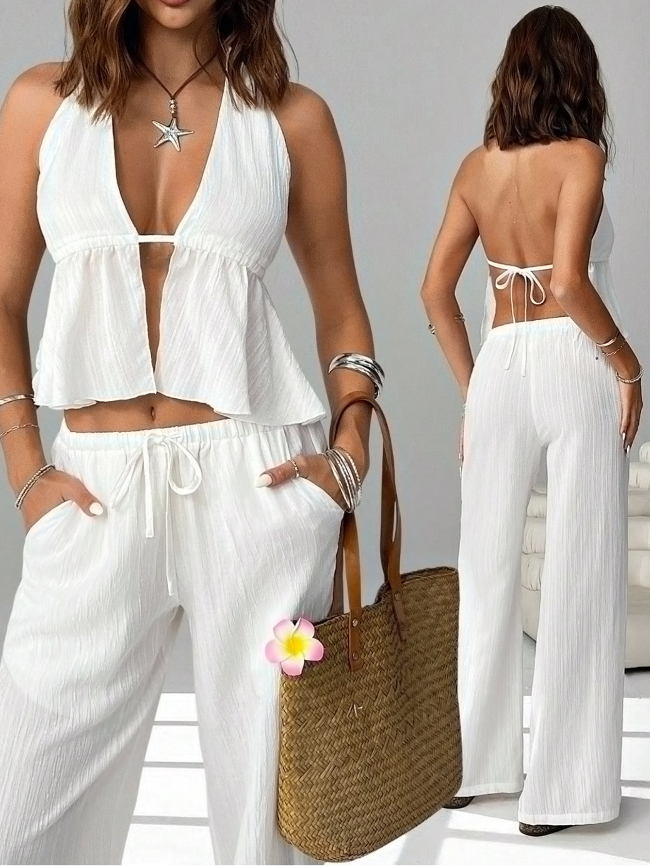 Women's Halter Tie Backless Sleeveless Tank Top Slim Fit Pants Set