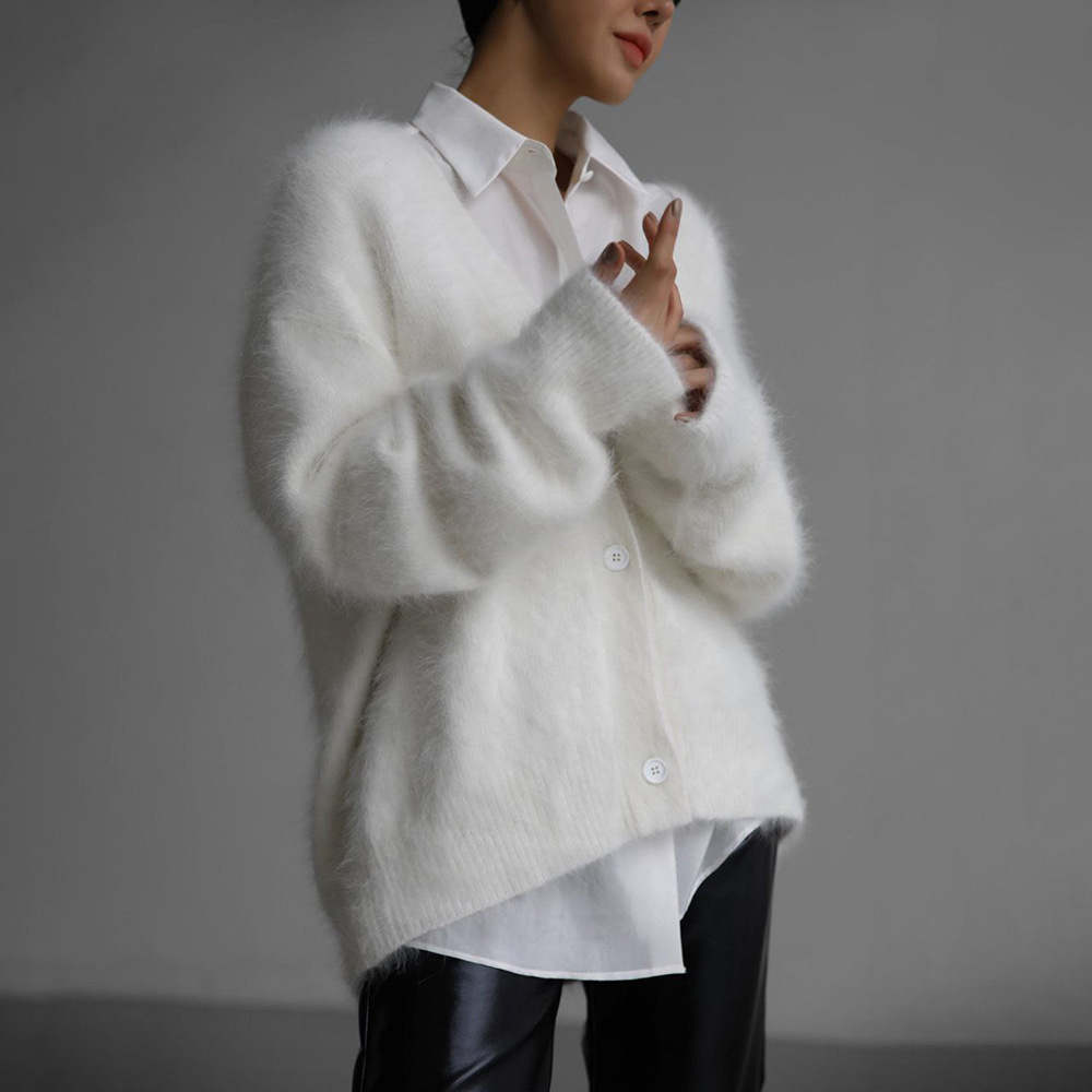 Faux Mink Knit Cardigan Sweater Women's Loose V-Neck Long Sleeve