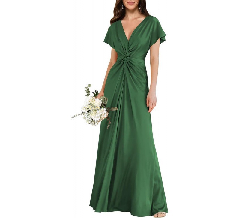 Satin Short Sleeve A-Line Dress V-Neck Midi Formal Party Bridesmaid