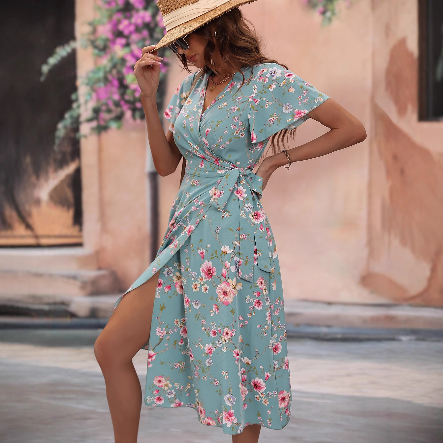 Women's V-Neck Waist-Cinching Floral Chiffon Midi Dress