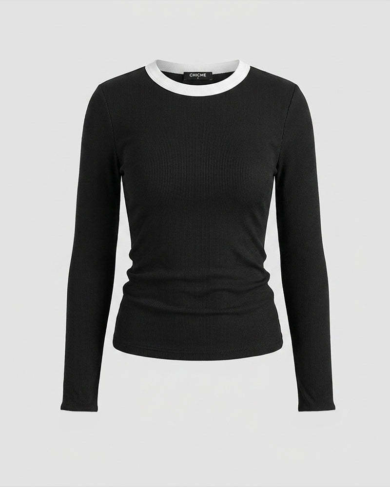 Women's V-Neck Colorblock Long-Sleeve Slimming T-Shirt
