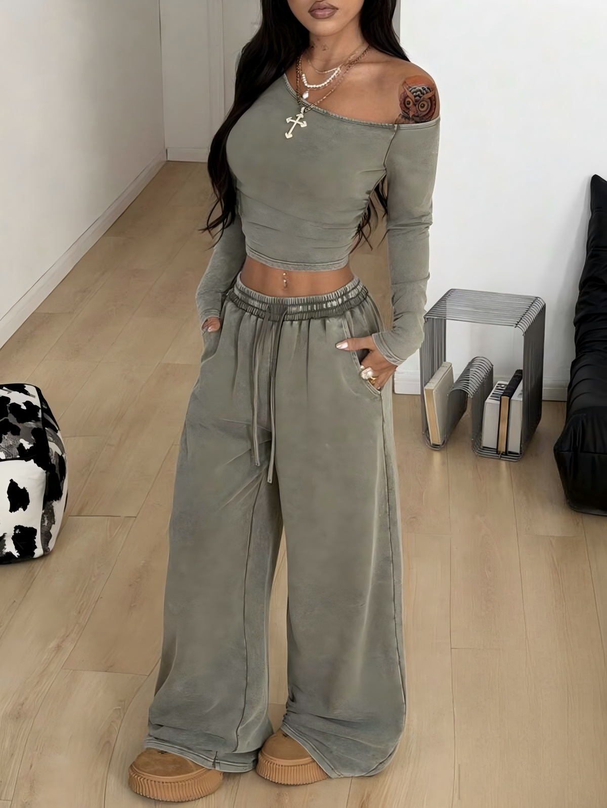 Washed Off-Shoulder Top & Wide-Leg Pants Lounge Set