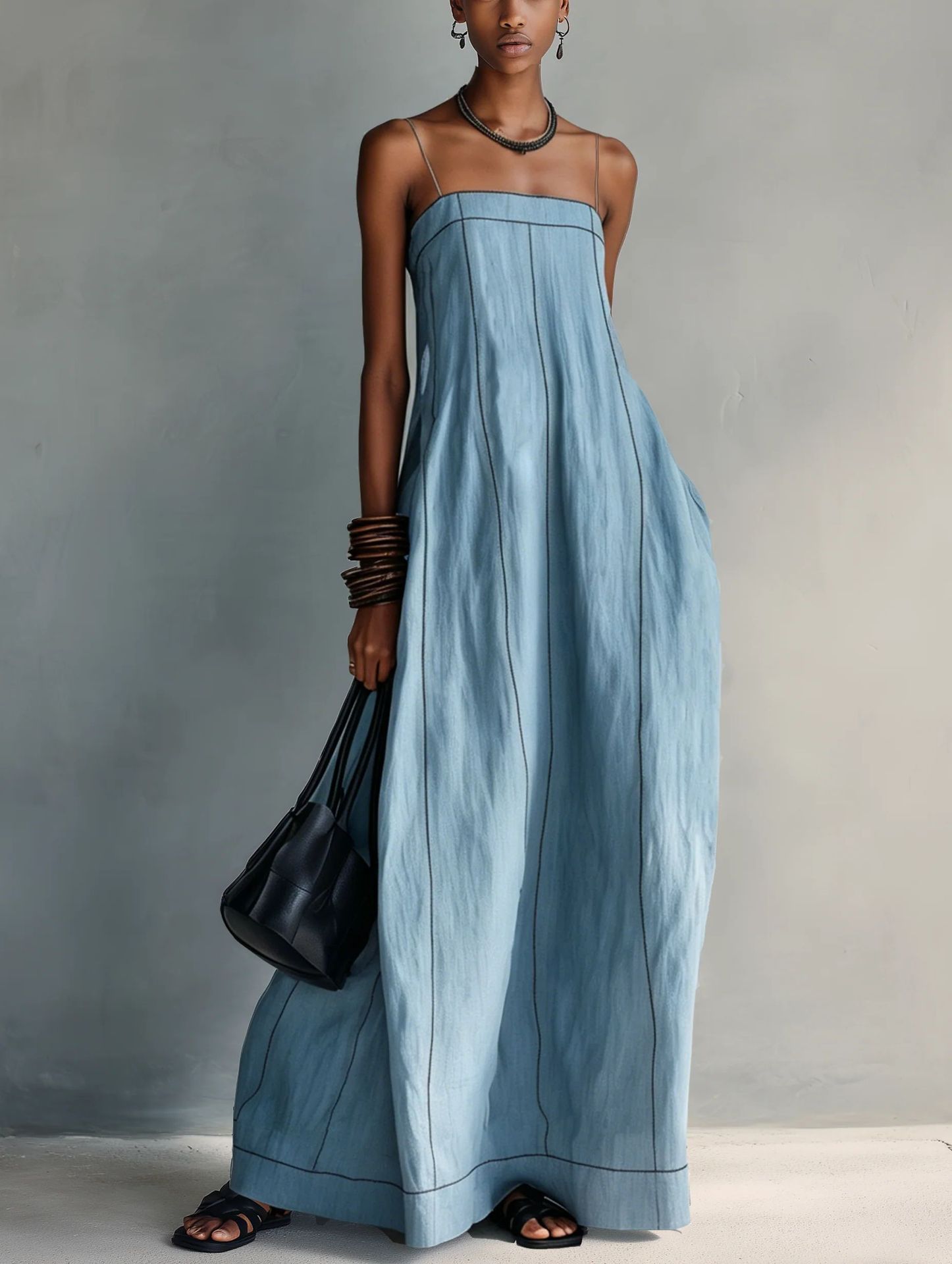Women's Contrast Stitch Linen-Blend Sleeveless Maxi Dress Relaxed Fit