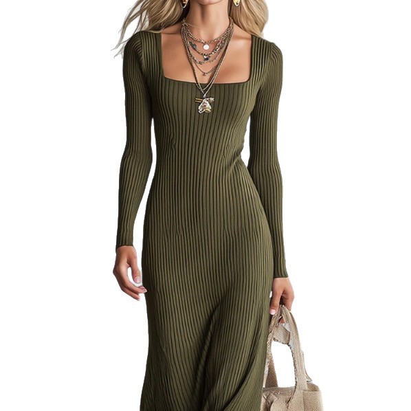 Square Neck Ribbed Knit Long Sleeve Bodycon Mermaid Maxi Dress
