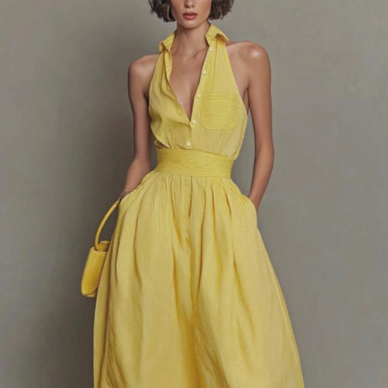 Yellow Striped V-Neck Sleeveless A-Line Maxi Dress