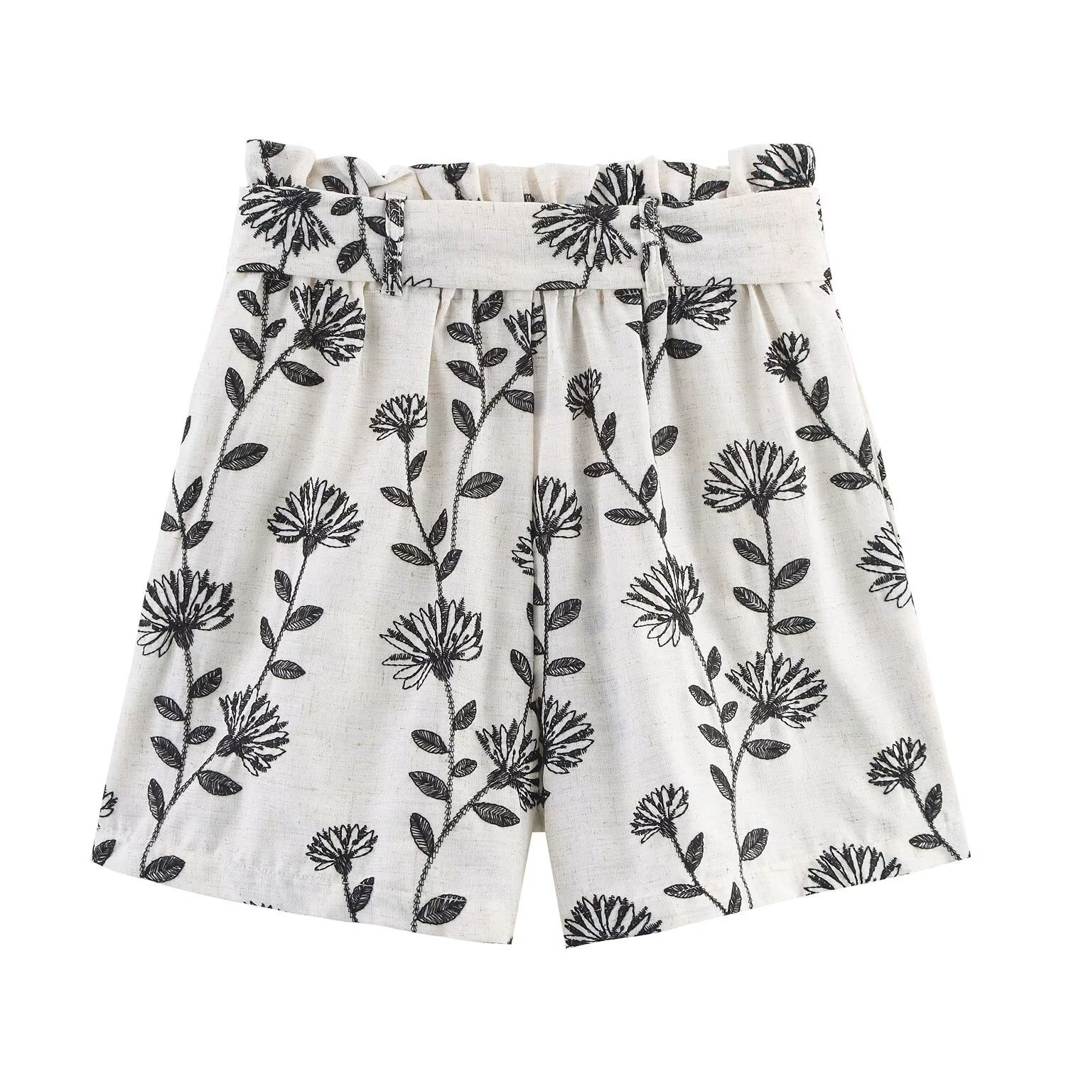 Embroidered Print High-Waist Straight Shorts