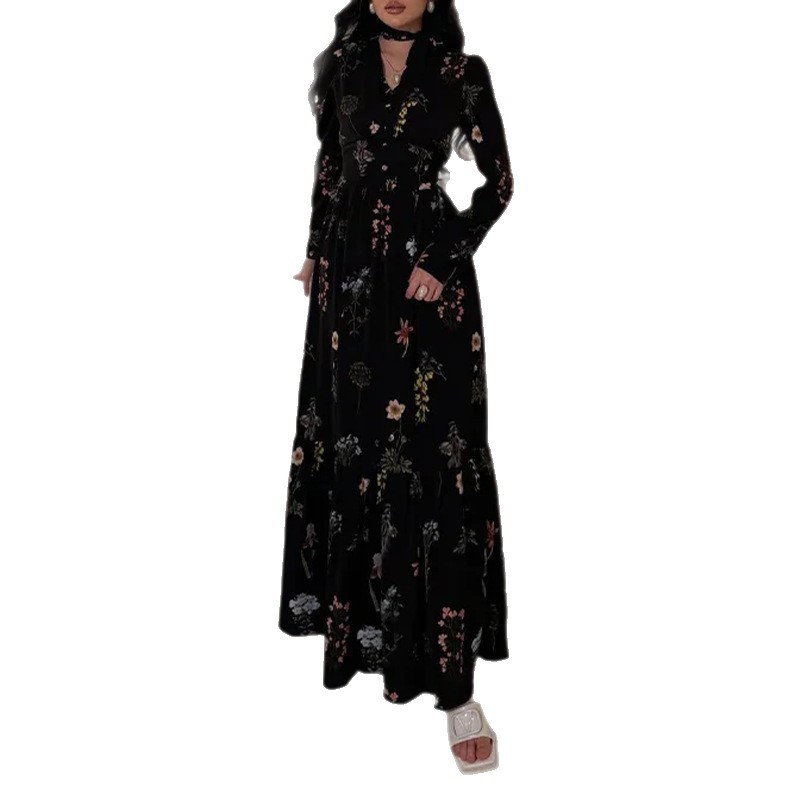 French Floral Spliced V-Neck Tie Midi Dress
