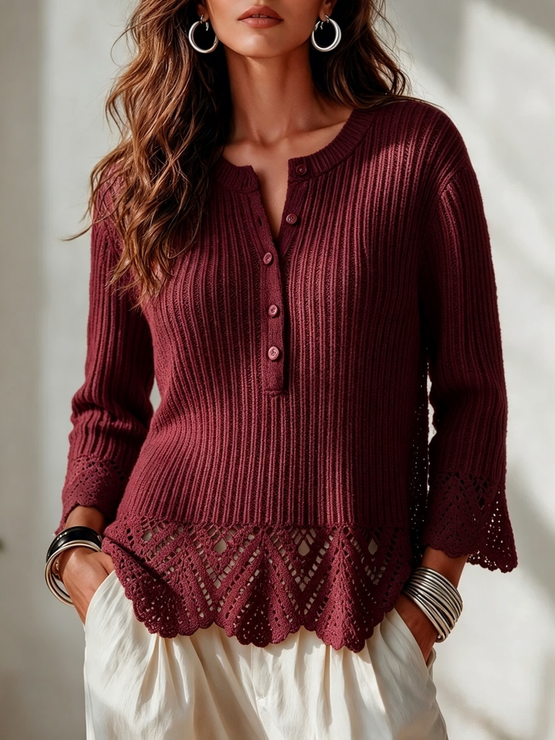 Solid Button Bell Sleeve Loose Slouchy Knit Sweater for Women