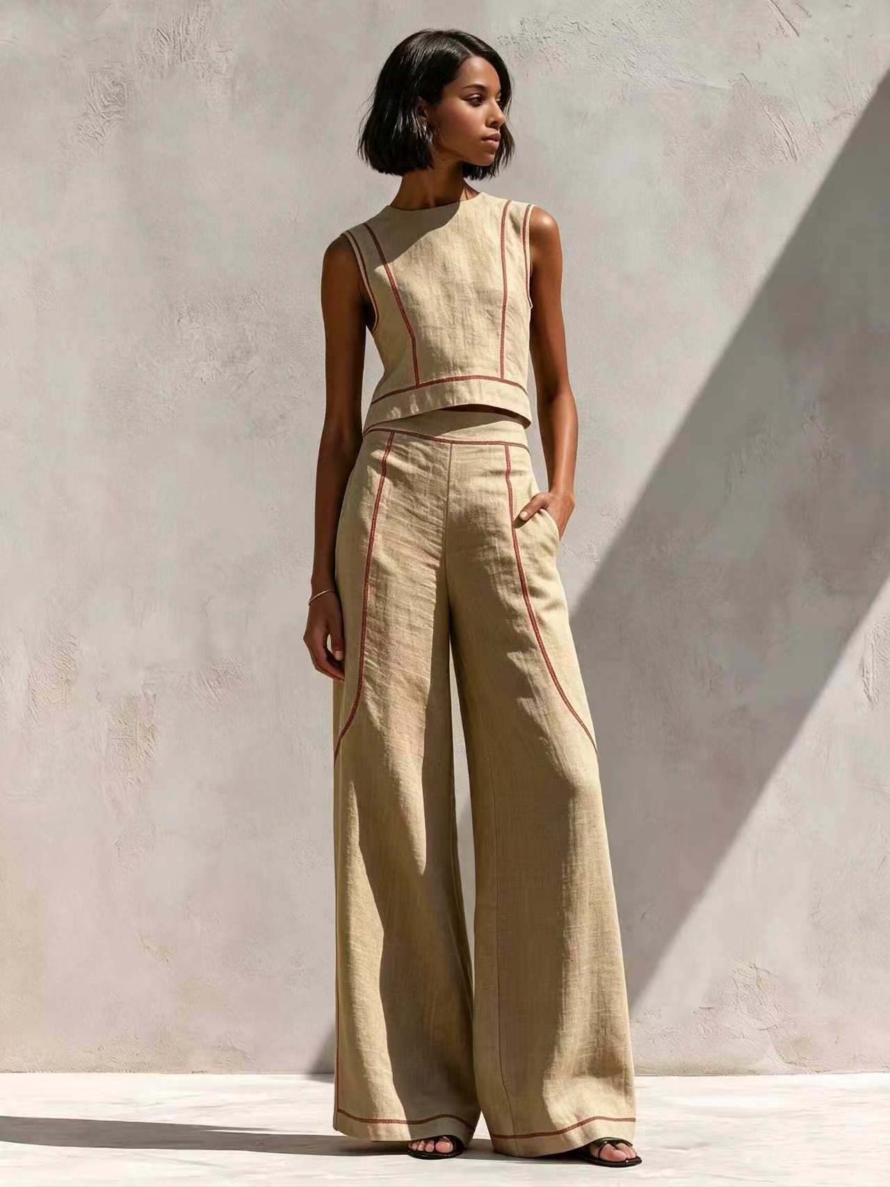 Sleeveless Color-Block Wide-Leg Pants Set Women's Casual Two-Piece