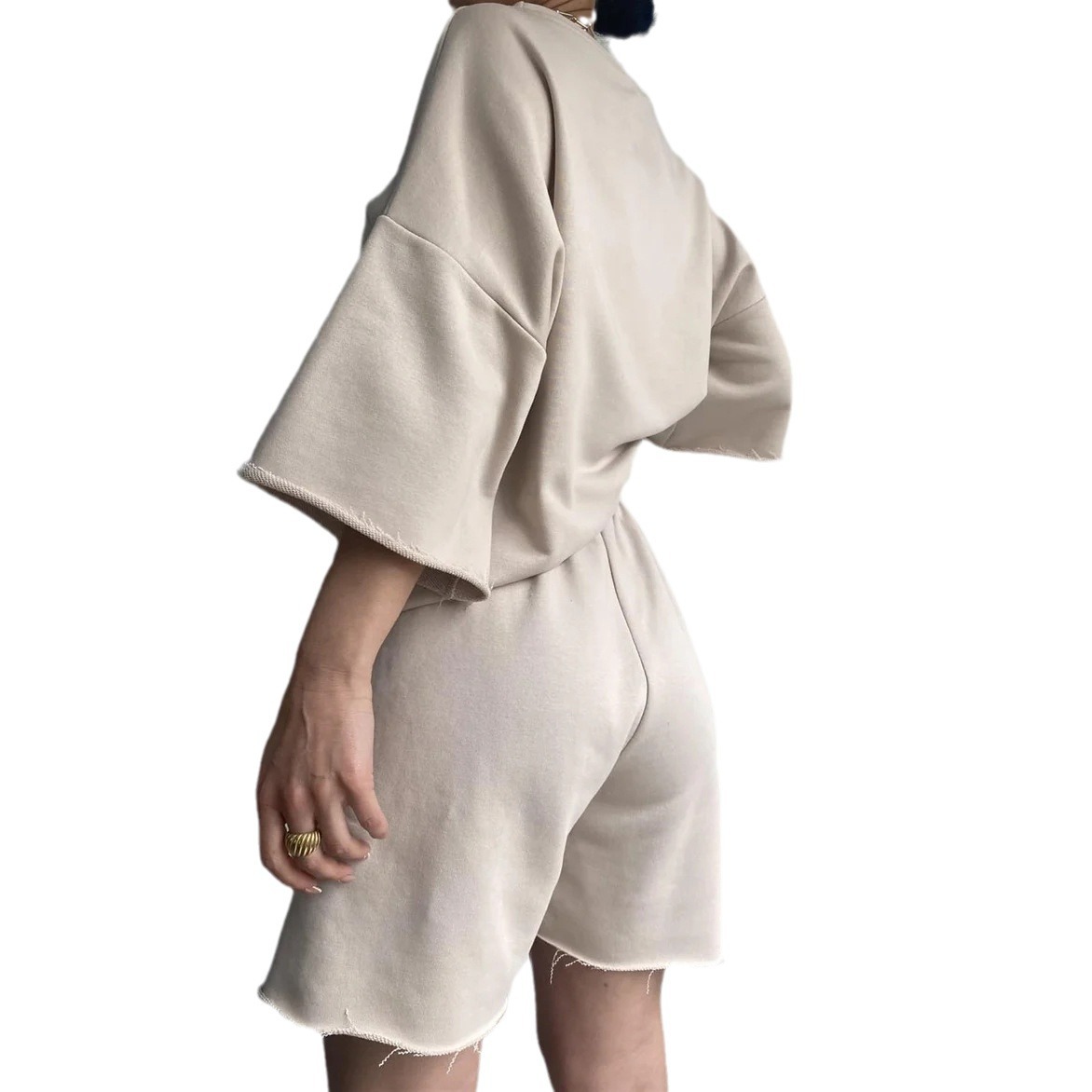 Women's Casual Two-Piece Set Short Sleeve Crew Neck Drawstring Shorts