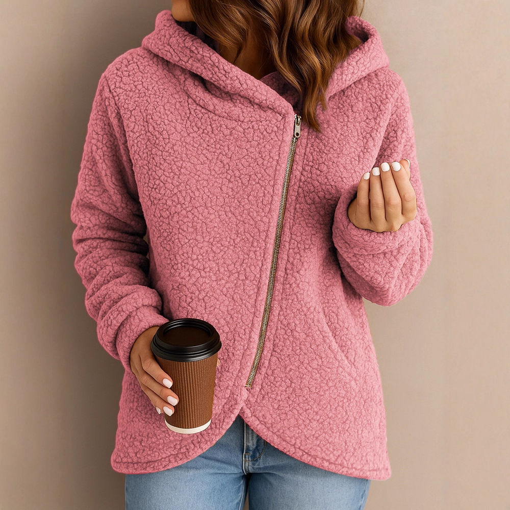 Women's Casual Loose Faux Shearling Zip Hoodie Jacket