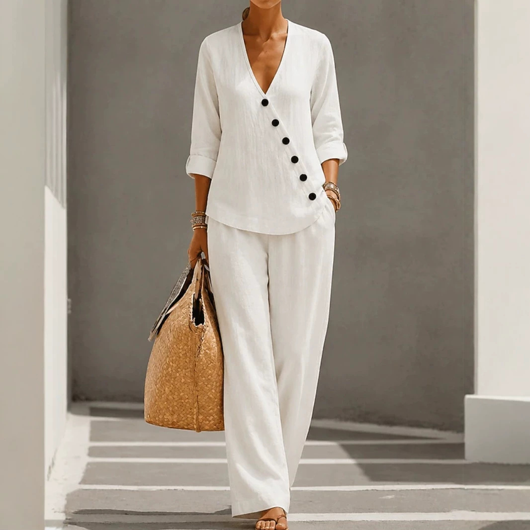 Women's Solid Color Button Top and Straight-Leg Pants Set