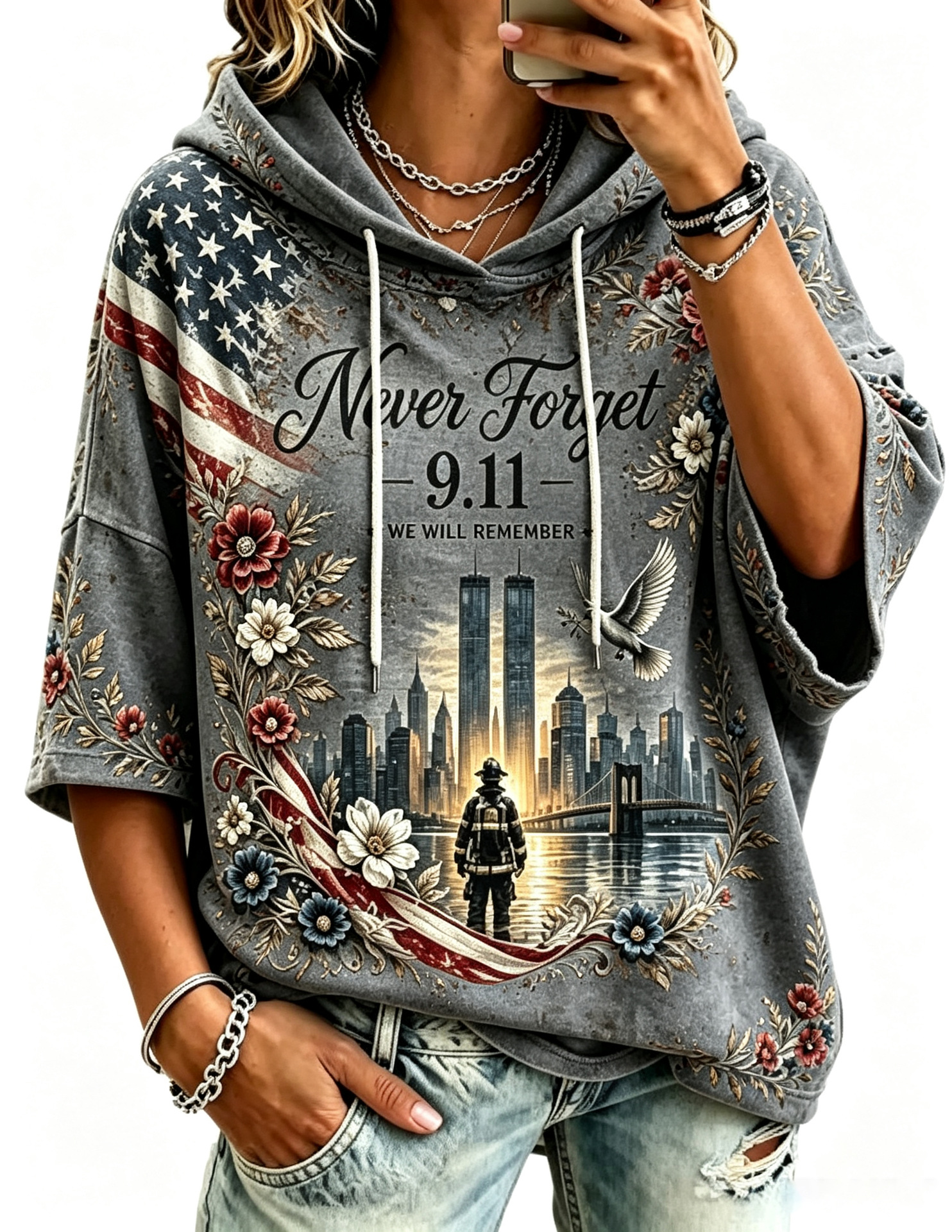 Women's Casual Hoodie with American Twin Towers Print